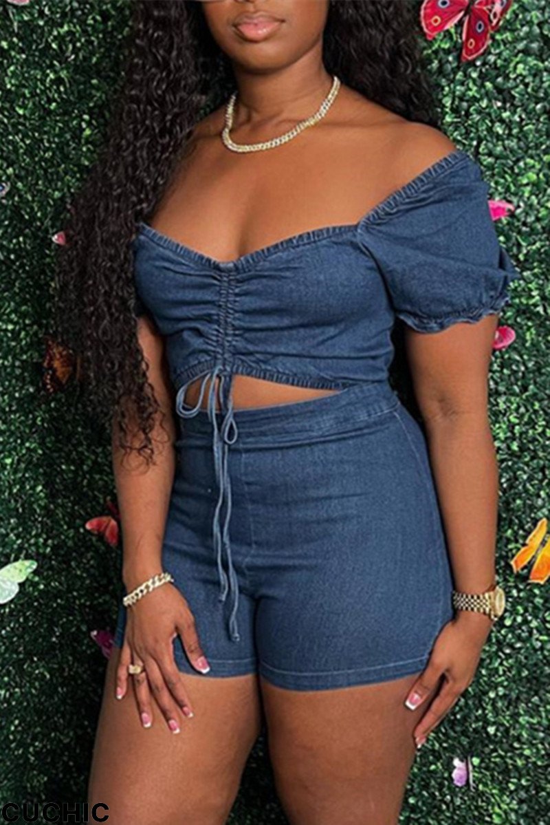 Dark Blue Fashion Casual Solid Hollowed Out Draw String V Neck Skinny Denim Romper-CuChic