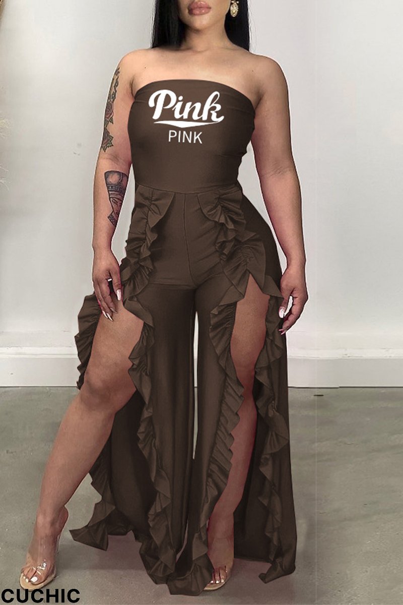 Coffee Fashion Print Flounce Strapless Boot Cut Jumpsuits-CuChic