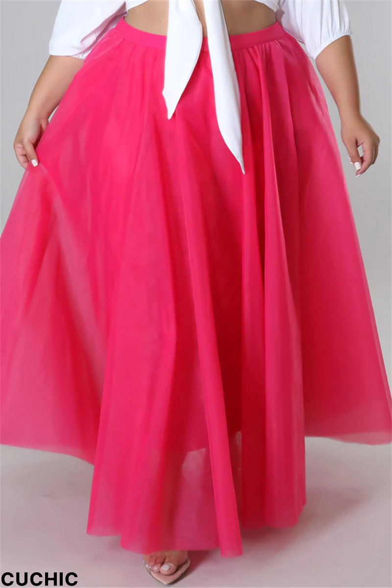 Rose Red Fashion Casual Solid Patchwork Plus Size Skirt-CuChic