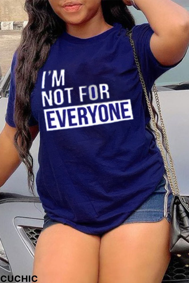 Navy Blue Fashion Street Print Patchwork Letter O Neck T-Shirts-CuChic