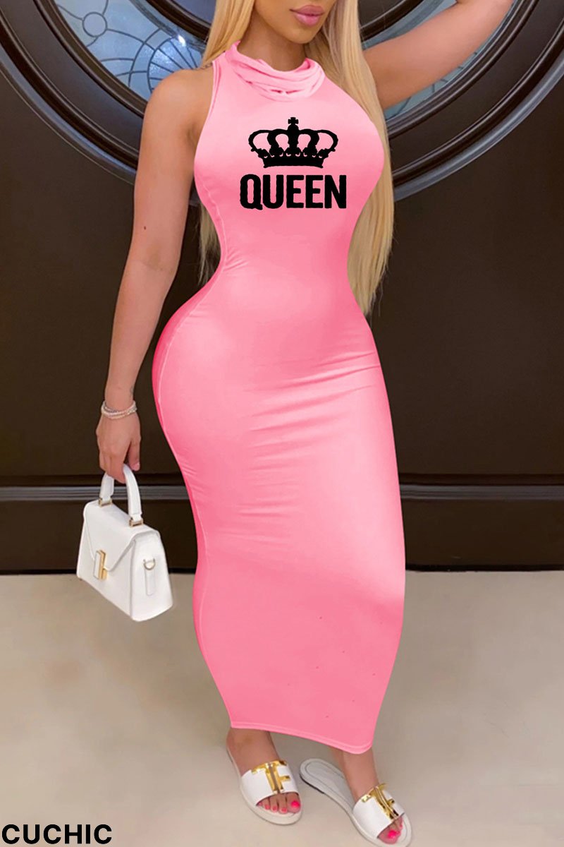 Pink Casual Print Split Joint Turtleneck One Step Skirt Dresses-CuChic