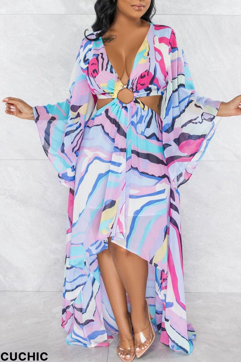 Purple Sexy Print Hollowed Out Split Joint Asymmetrical V Neck Irregular Dress Dresses-CuChic