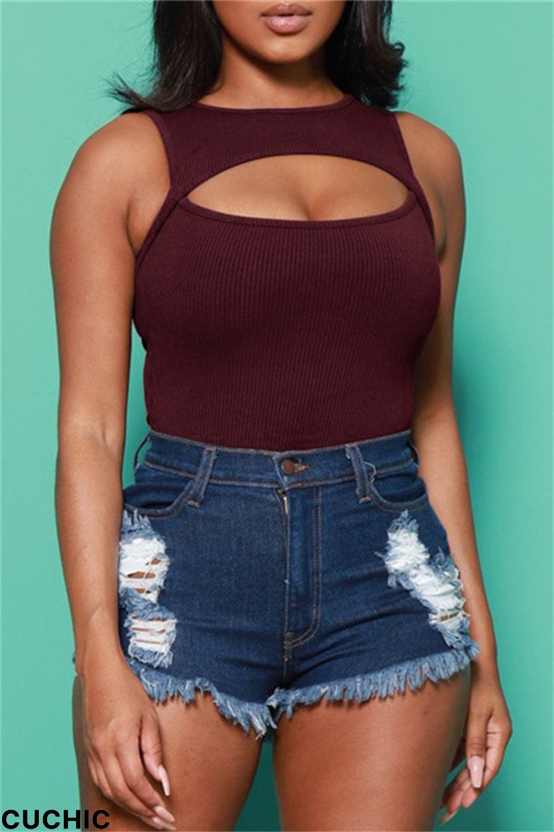 Burgundy Sexy Casual Solid Hollowed Out O Neck Sleeveless Skinny Romper-CuChic