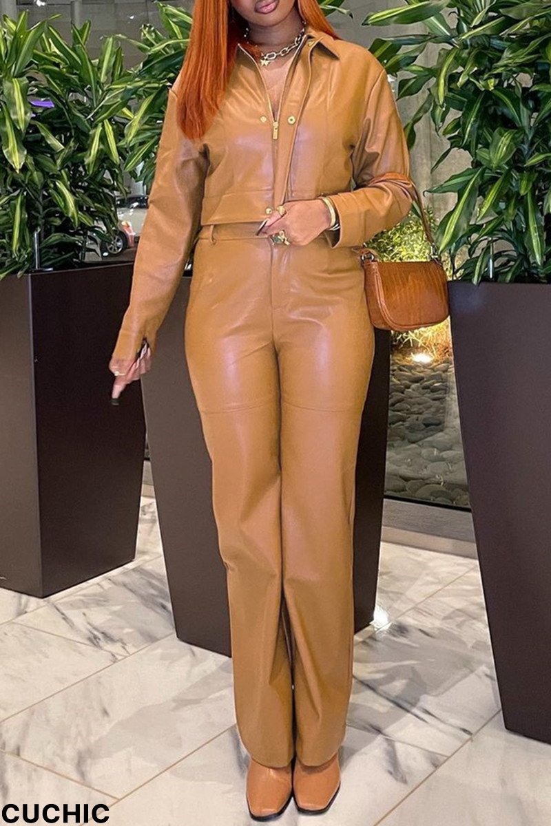 Yellow Fashion Casual Solid Basic Turndown Collar Long Sleeve Two Pieces-CuChic