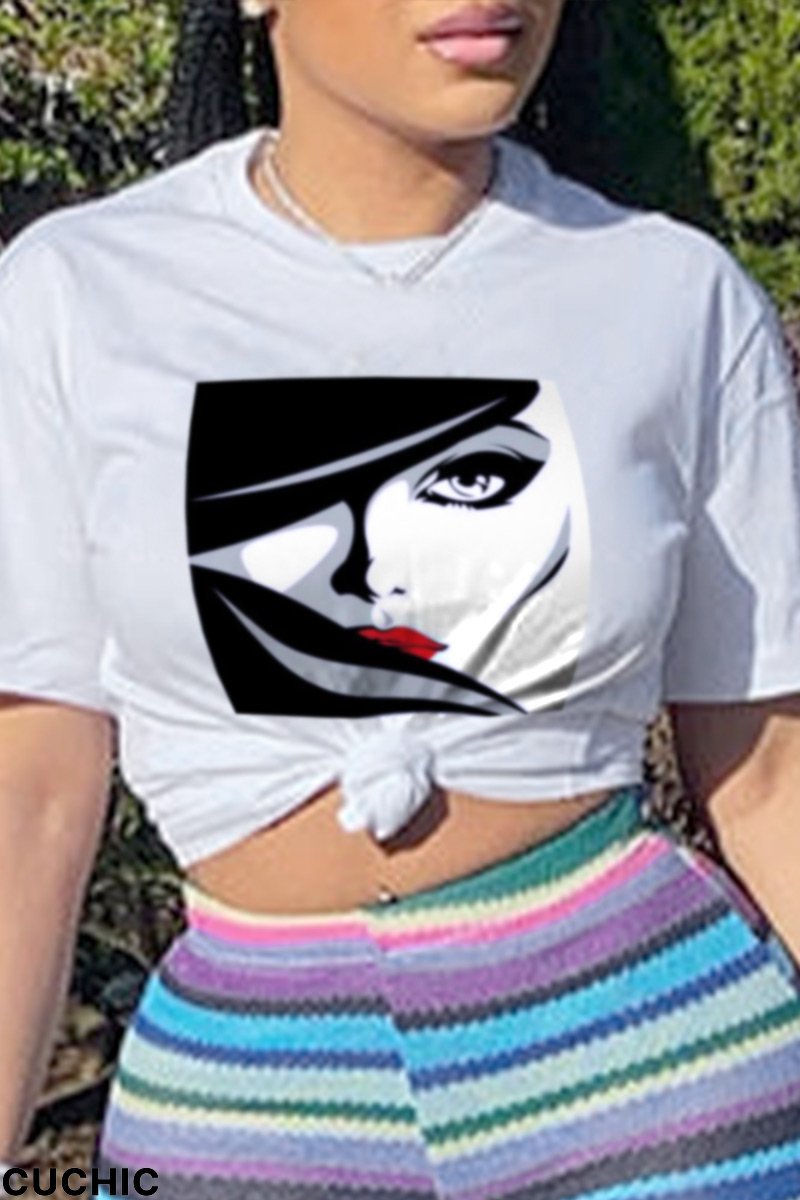 White Fashion Print Patchwork O Neck T-Shirts-CuChic