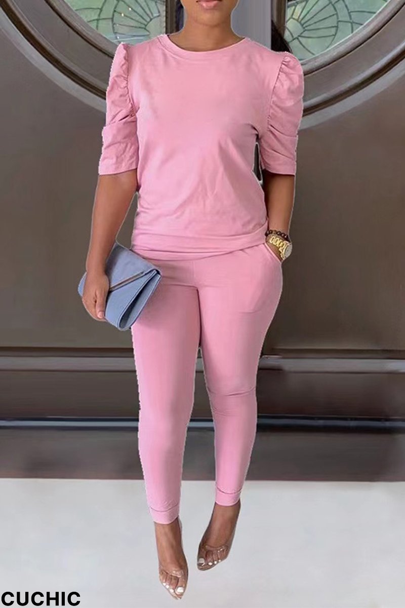 Pink Casual Solid Split Joint O Neck Half Sleeve Two Pieces-CuChic