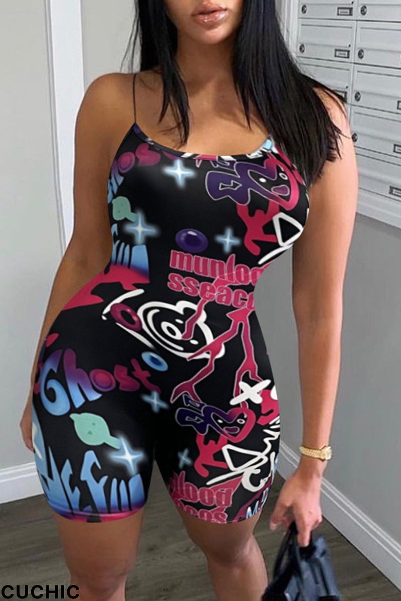 Black Fashion Sexy Print Backless Spaghetti Strap Skinny Romper-CuChic