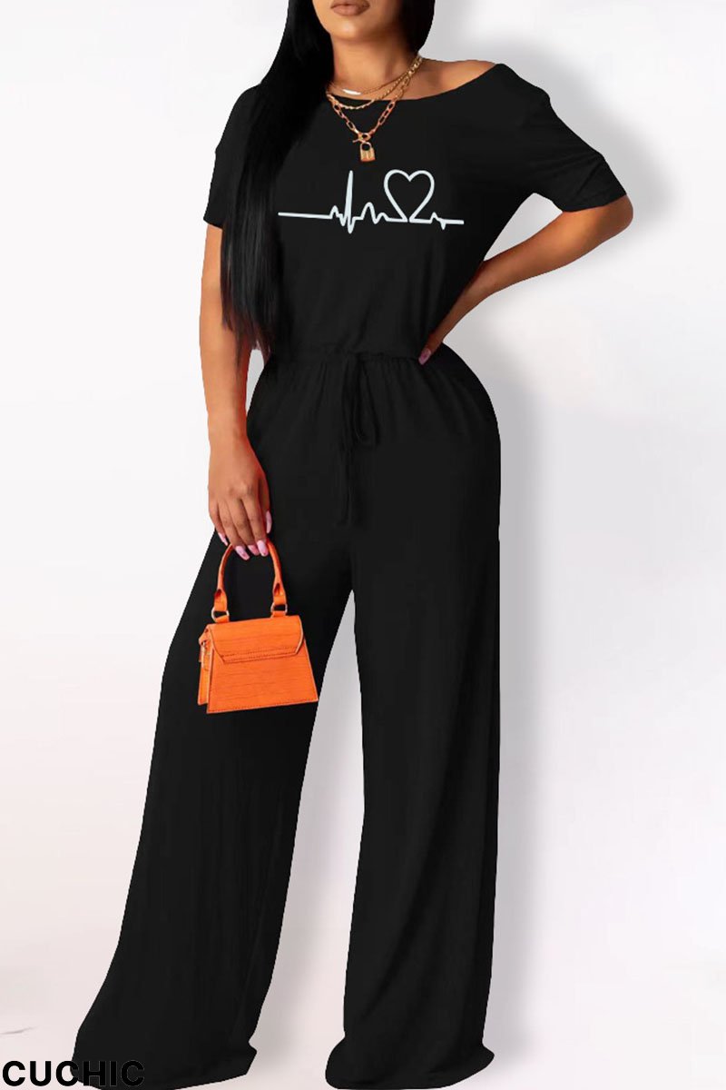 Black Fashion Casual Print Basic O Neck Regular Jumpsuits-CuChic
