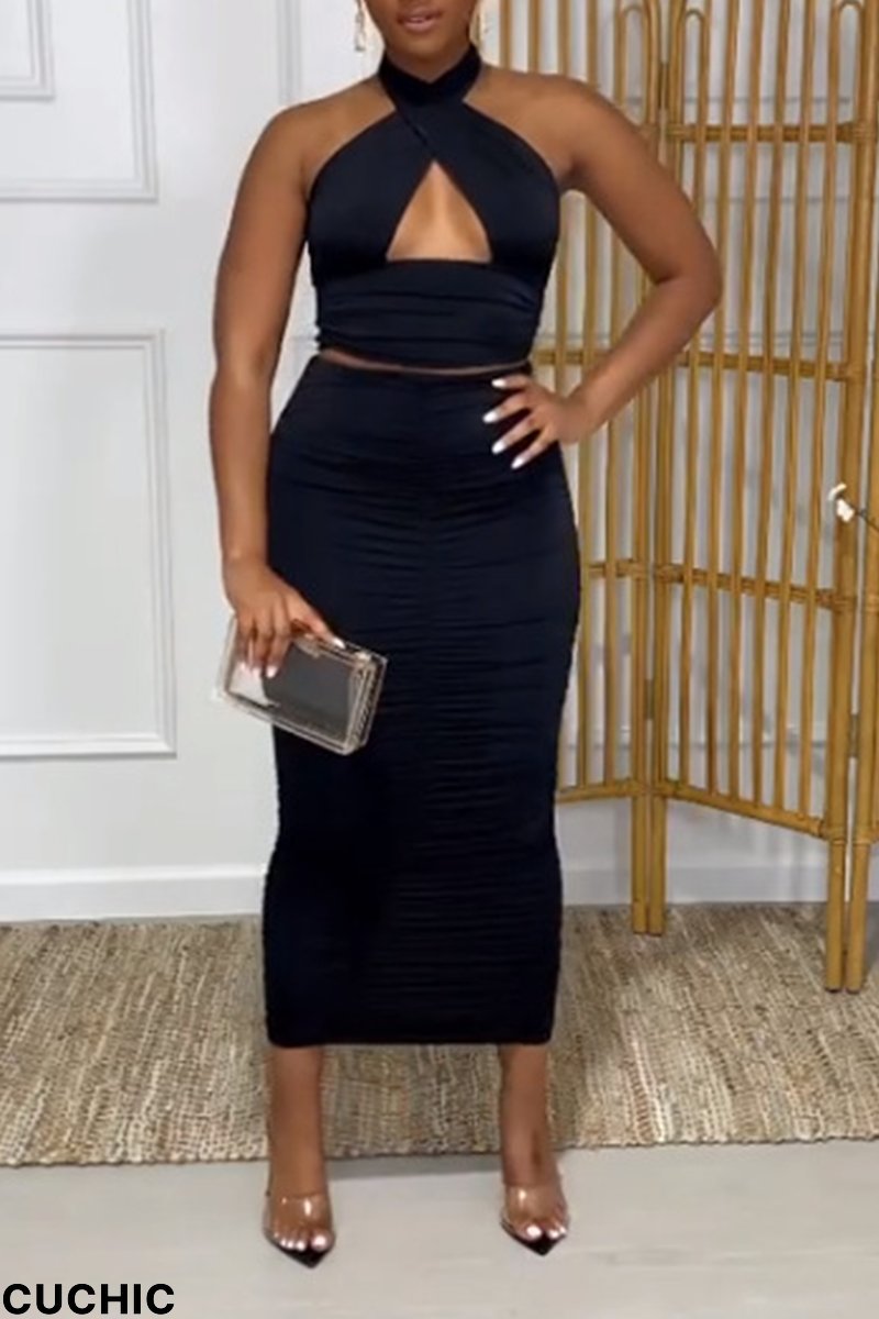 Black Sexy Solid Fold Halter Sleeveless Two Pieces-CuChic