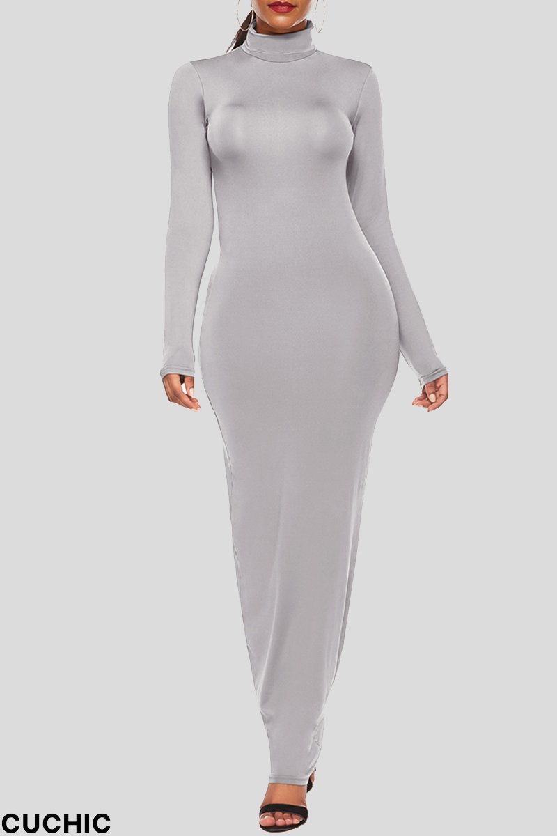 Grey Fashion Casual Solid Basic Turtleneck Long Sleeve Dresses-CuChic