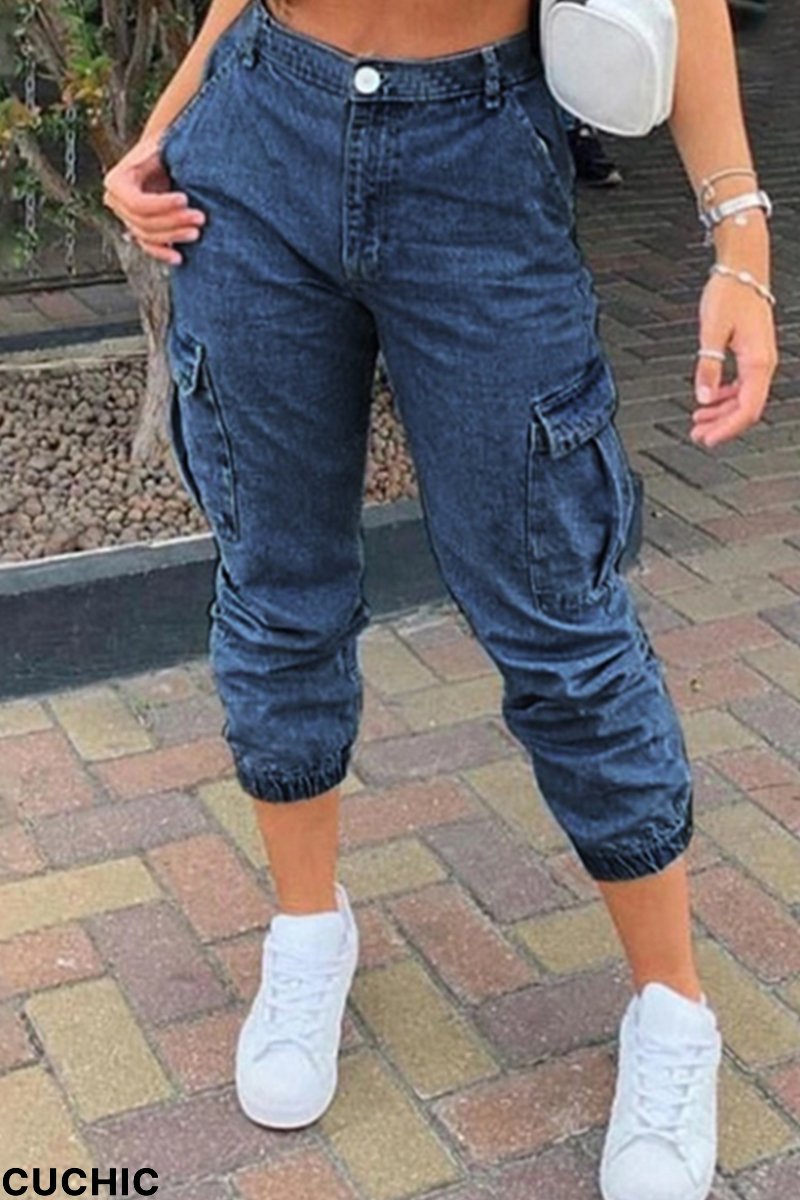 Dark Blue Fashion Casual Solid Split Joint High Waist Regular Denim Jeans-CuChic