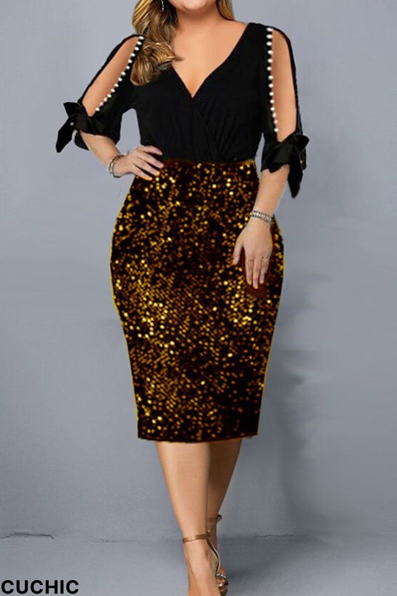 Gold Sexy Solid Sequins Patchwork Beading V Neck Dresses-CuChic