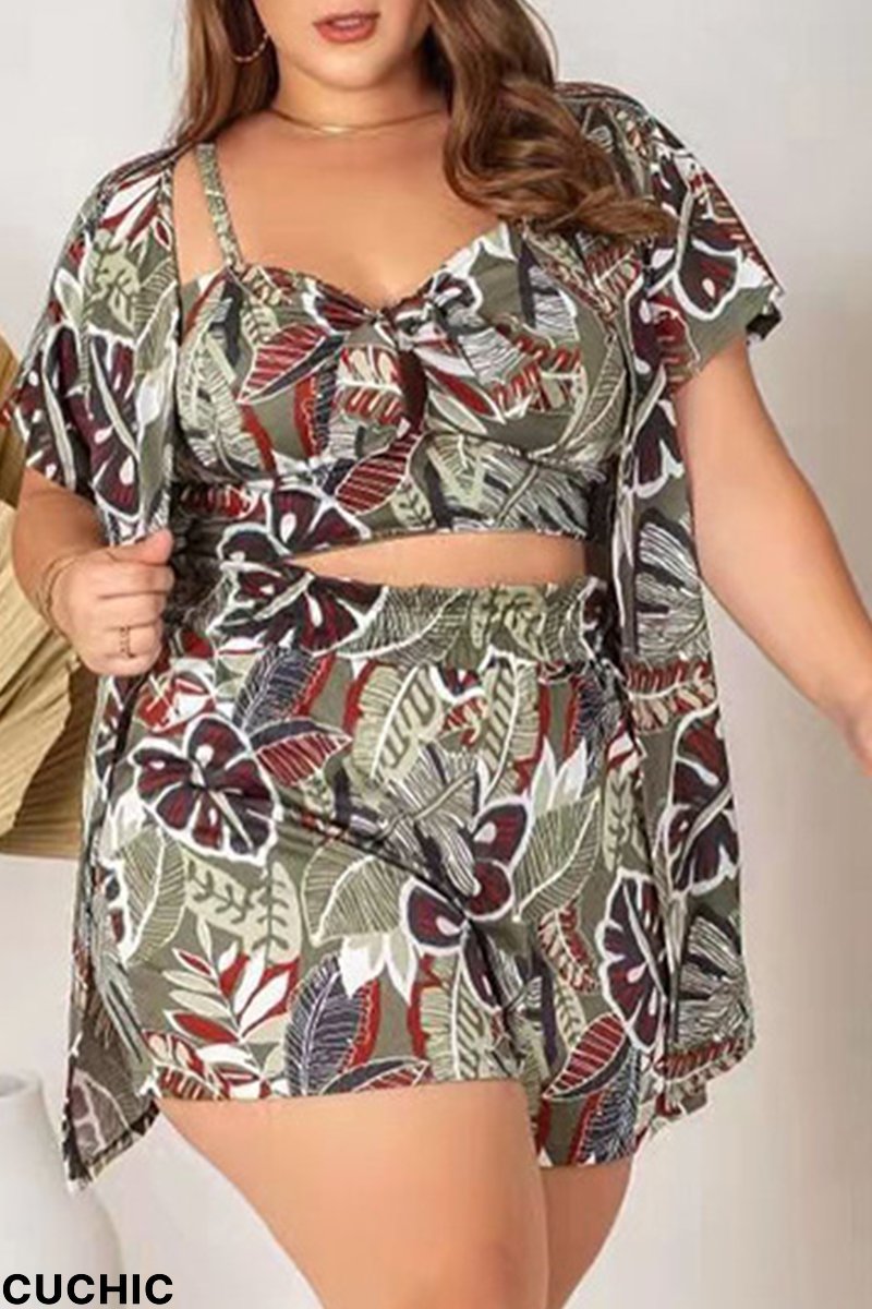 Grey Fashion Print Split Joint Square Collar Plus Size Three Pieces-CuChic