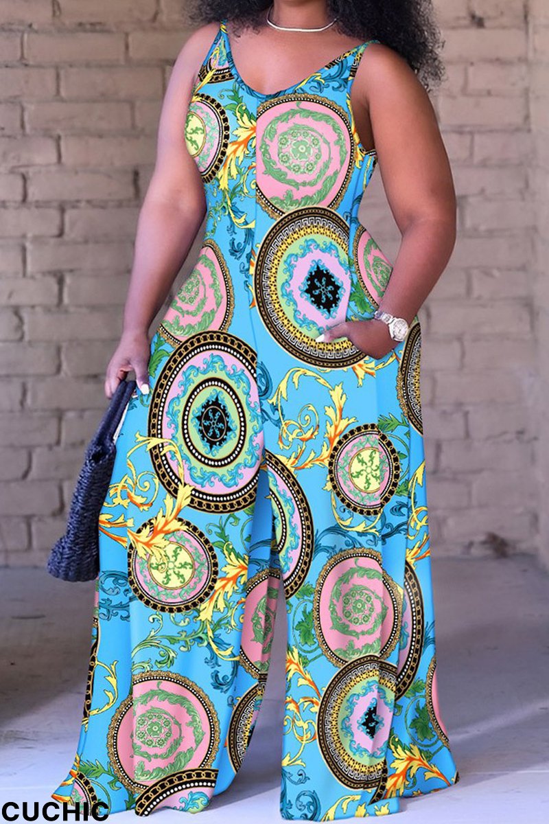 Lake Green Casual Street Print Spaghetti Strap Loose Jumpsuits-CuChic