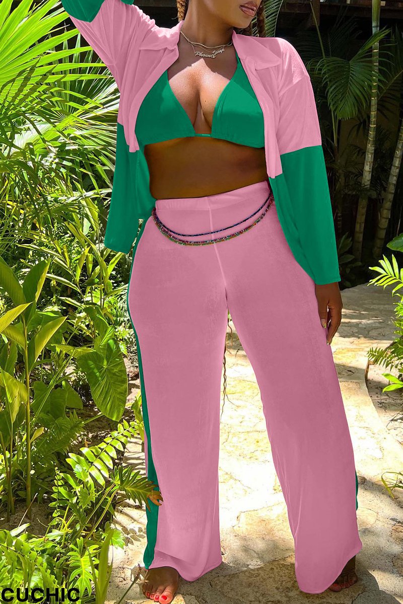 Pink Fashion Casual Solid Patchwork Contrast Long Sleeve Three-piece Set-CuChic