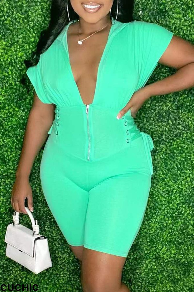 Green Fashion Casual Solid Frenulum V Neck Short Sleeve Skinny Romper-CuChic