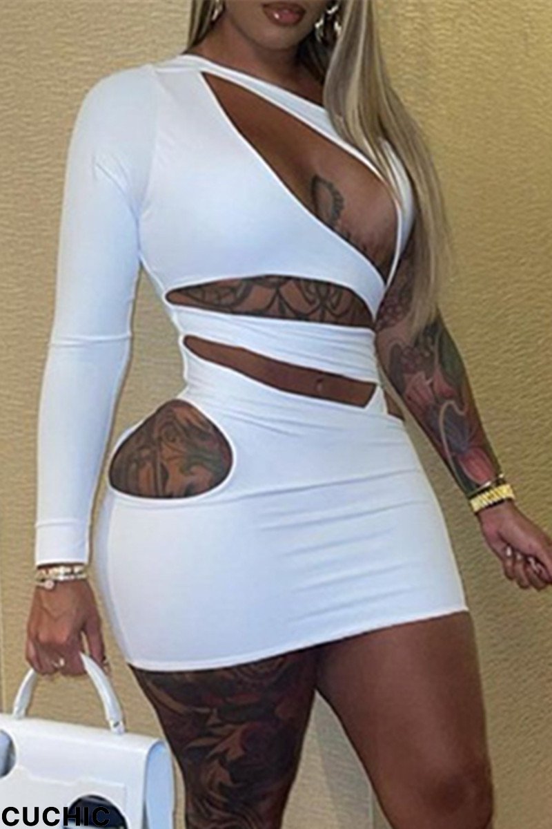 White Fashion Sexy Solid Hollowed Out Oblique Collar Long Sleeve Dresses-CuChic