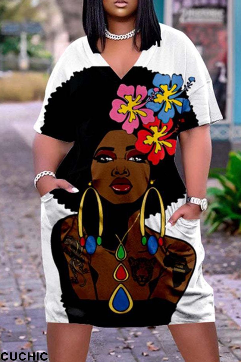 White Black Fashion Casual Plus Size Print Basic V Neck Short Sleeve Dress-CuChic