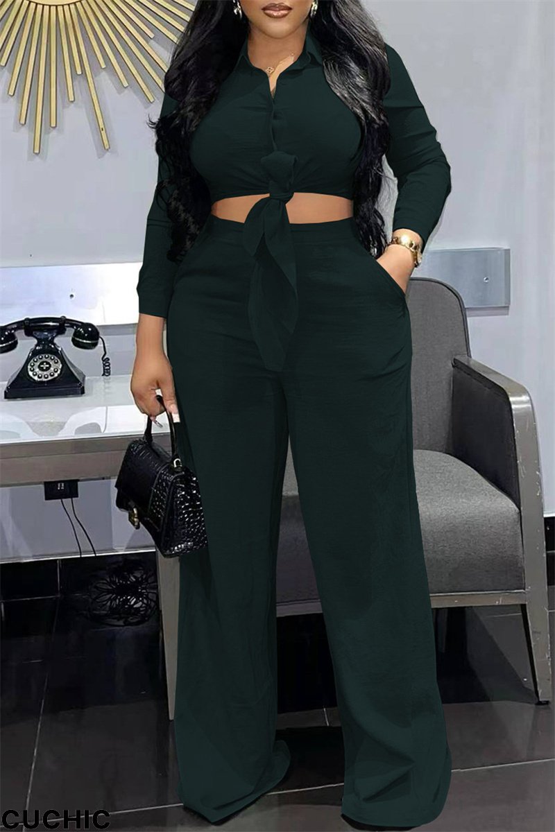 Ink Green Fashion Casual Solid Bandage Turndown Collar Long Sleeve Two Pieces-CuChic