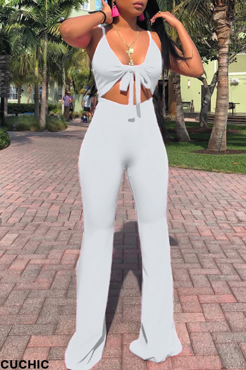 White Sexy Casual Solid Bandage Hollowed Out Backless Spaghetti Strap Skinny Jumpsuits-CuChic