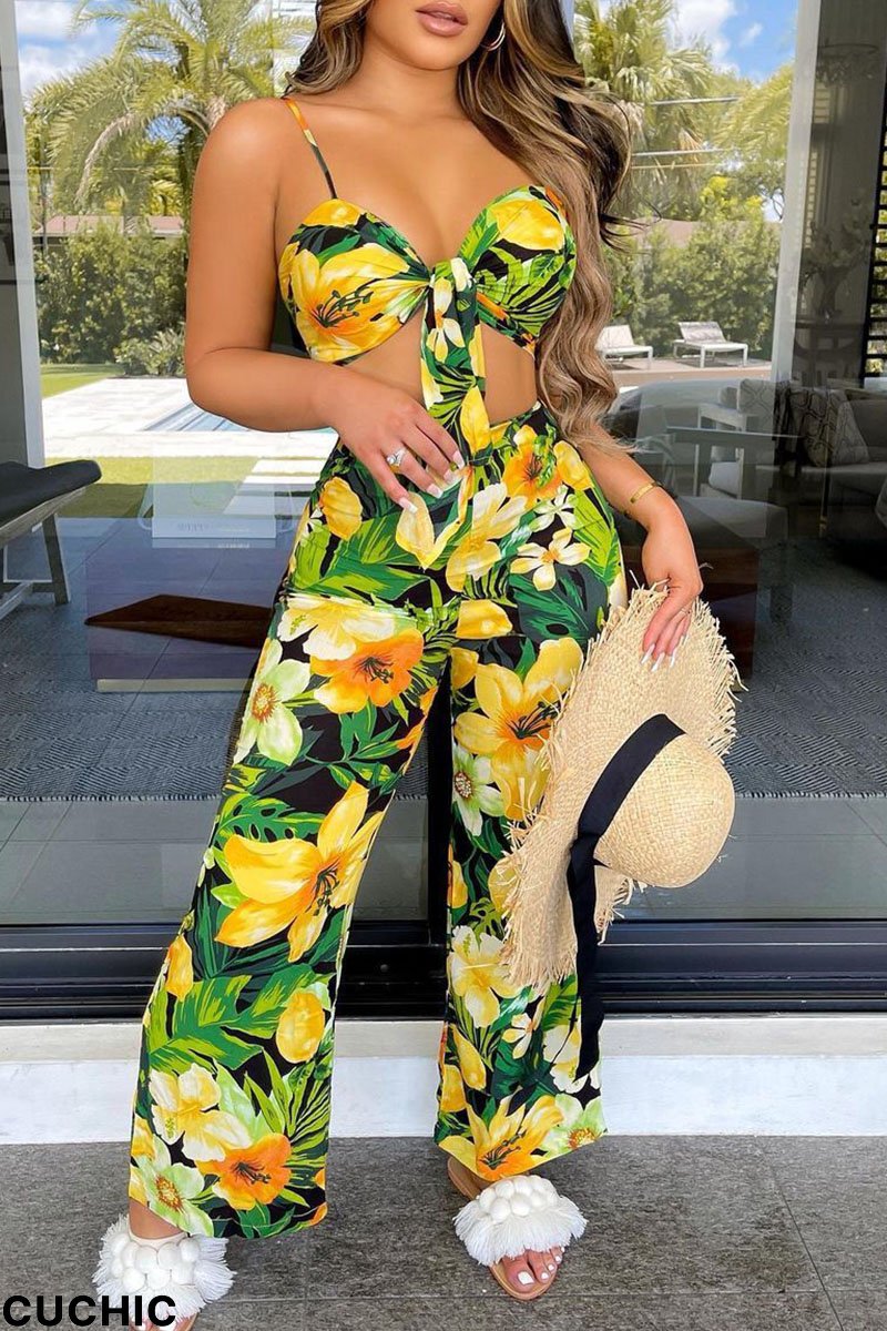 Multicolor Sexy Vacation Print Bandage Patchwork Spaghetti Strap Sleeveless Two Pieces-CuChic