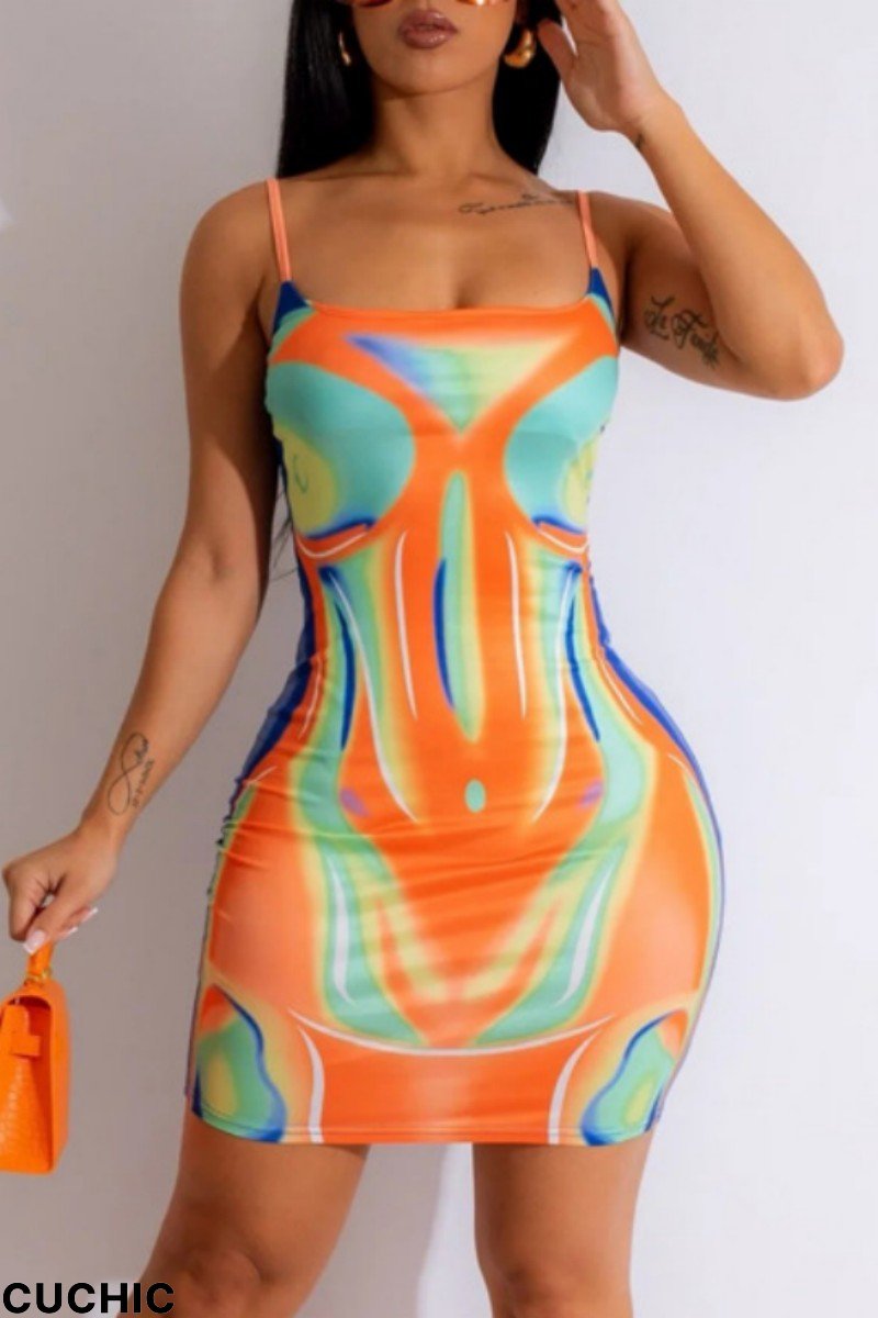Orange Sexy Print Backless Spaghetti Strap Sleeveless Dress Dresses-CuChic