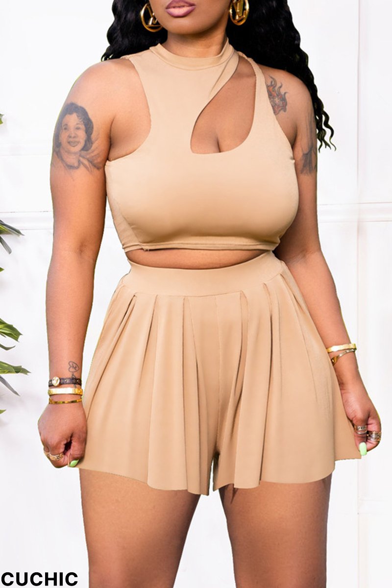 Khaki Fashion Casual Solid Hollowed Out O Neck Sleeveless Two Pieces-CuChic