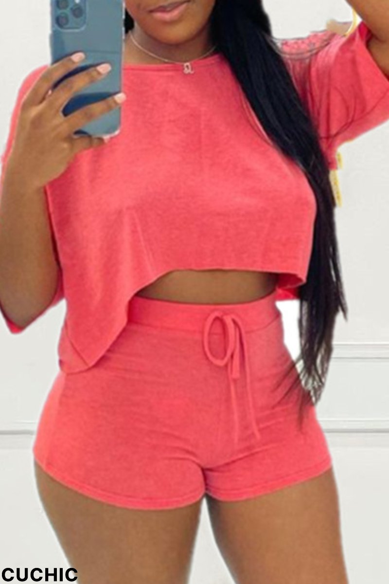 Pink Casual Solid Split Joint O Neck Short Sleeve Two Pieces-CuChic