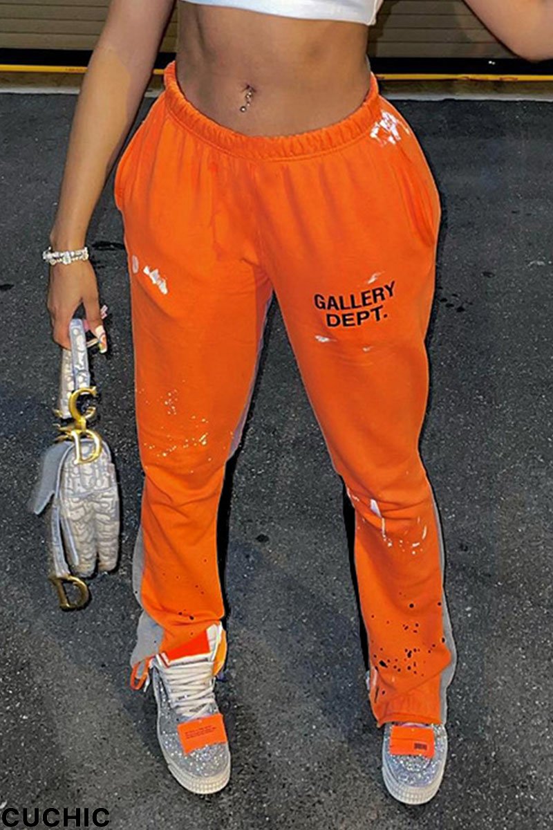 Orange Casual Sportswear Print Patchwork Straight High Waist Straight Positioning Print Bottoms-CuChic