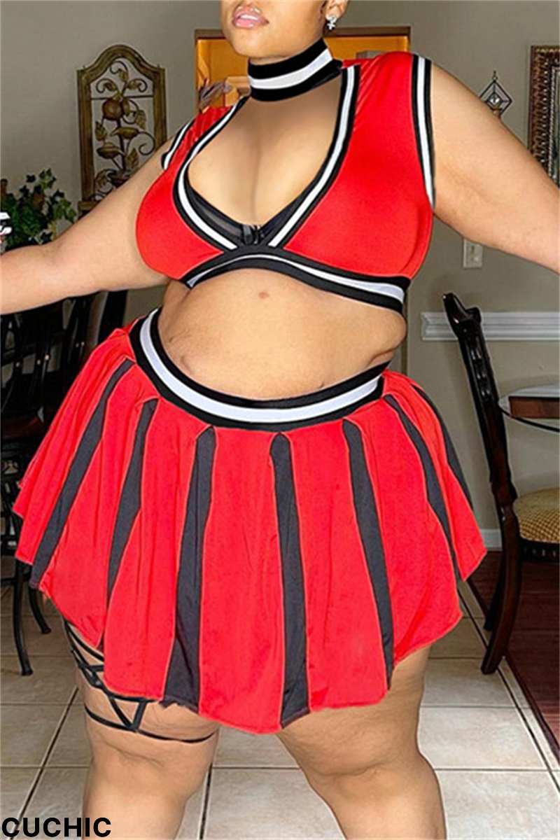 Red Sexy Casual Striped Split Joint Turtleneck Plus Size Two Pieces-CuChic