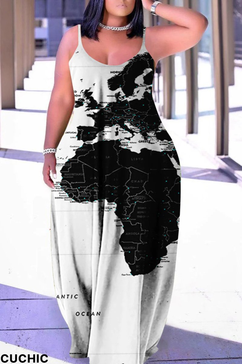 White Black Fashion Sexy Plus Size Casual Print Backless Spaghetti Strap Long Dress-CuChic