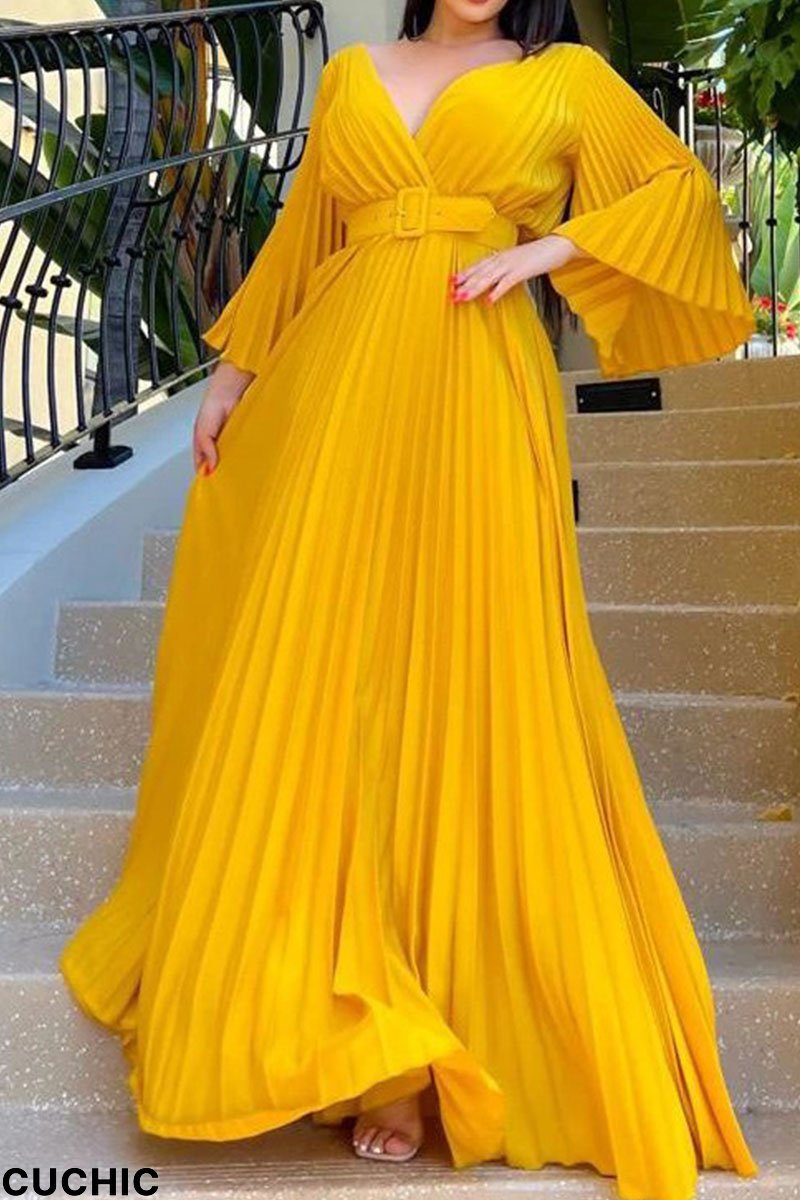 Yellow Casual Solid Patchwork Fold With Belt V Neck Evening Dress Dresses-CuChic