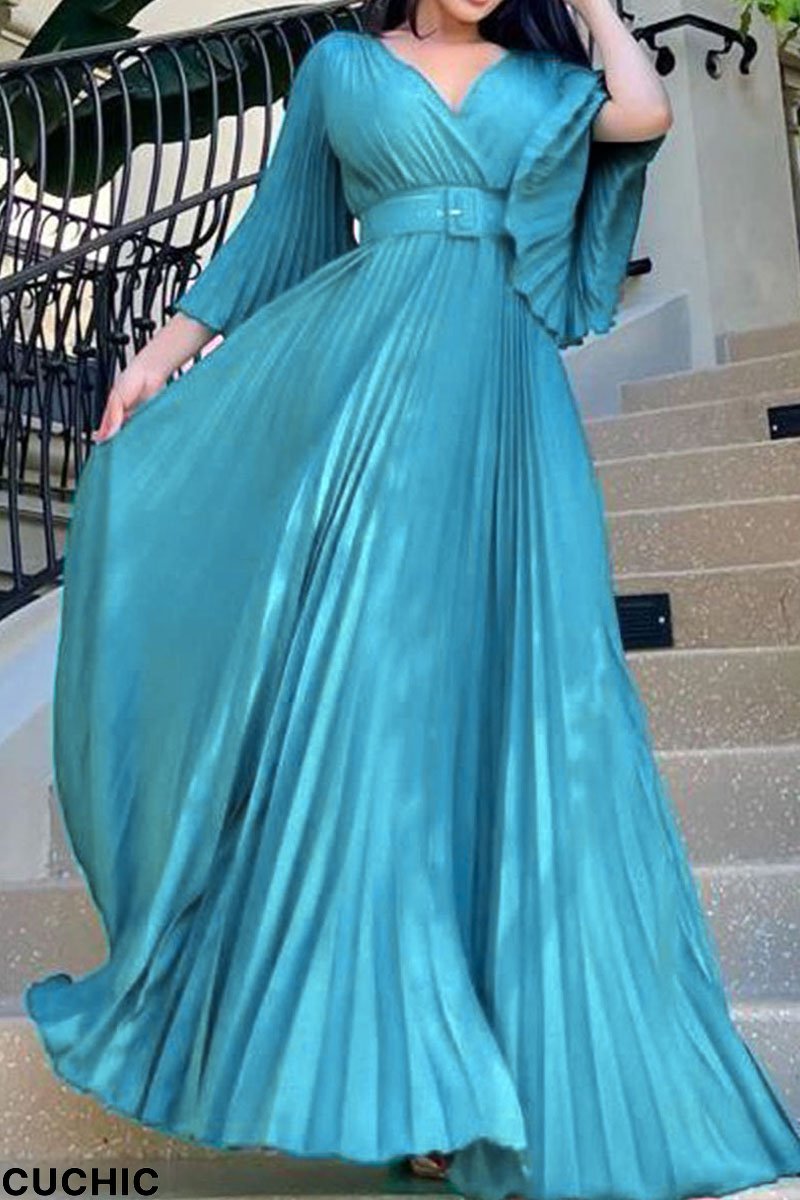 Sky Blue Casual Solid Patchwork Fold With Belt V Neck Evening Dress Dresses-CuChic