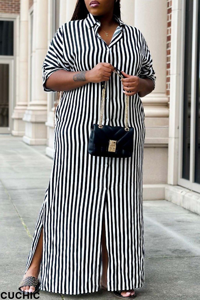 Black Casual Striped Print Turndown Collar Shirt Dress Dresses-CuChic