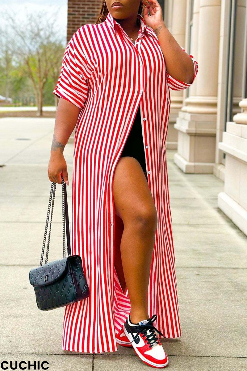 Red Casual Striped Print Turndown Collar Shirt Dress Dresses-CuChic