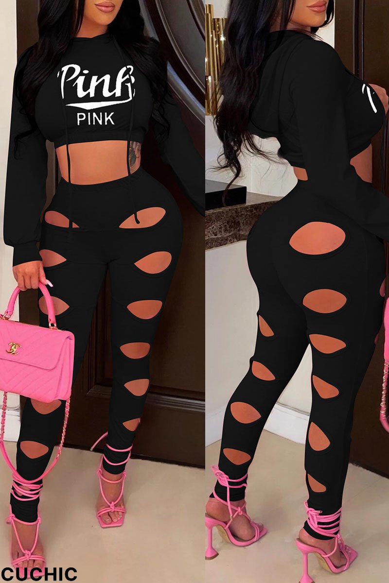 Black Sexy Print Hollowed Out Patchwork Hooded Collar Long Sleeve Two Pieces-CuChic