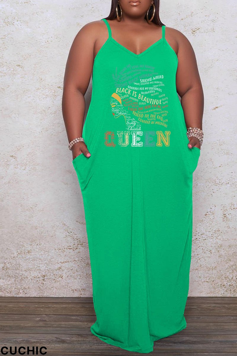 Green Casual Print Patchwork Spaghetti Strap Sling Dress Plus Size Dresses-CuChic