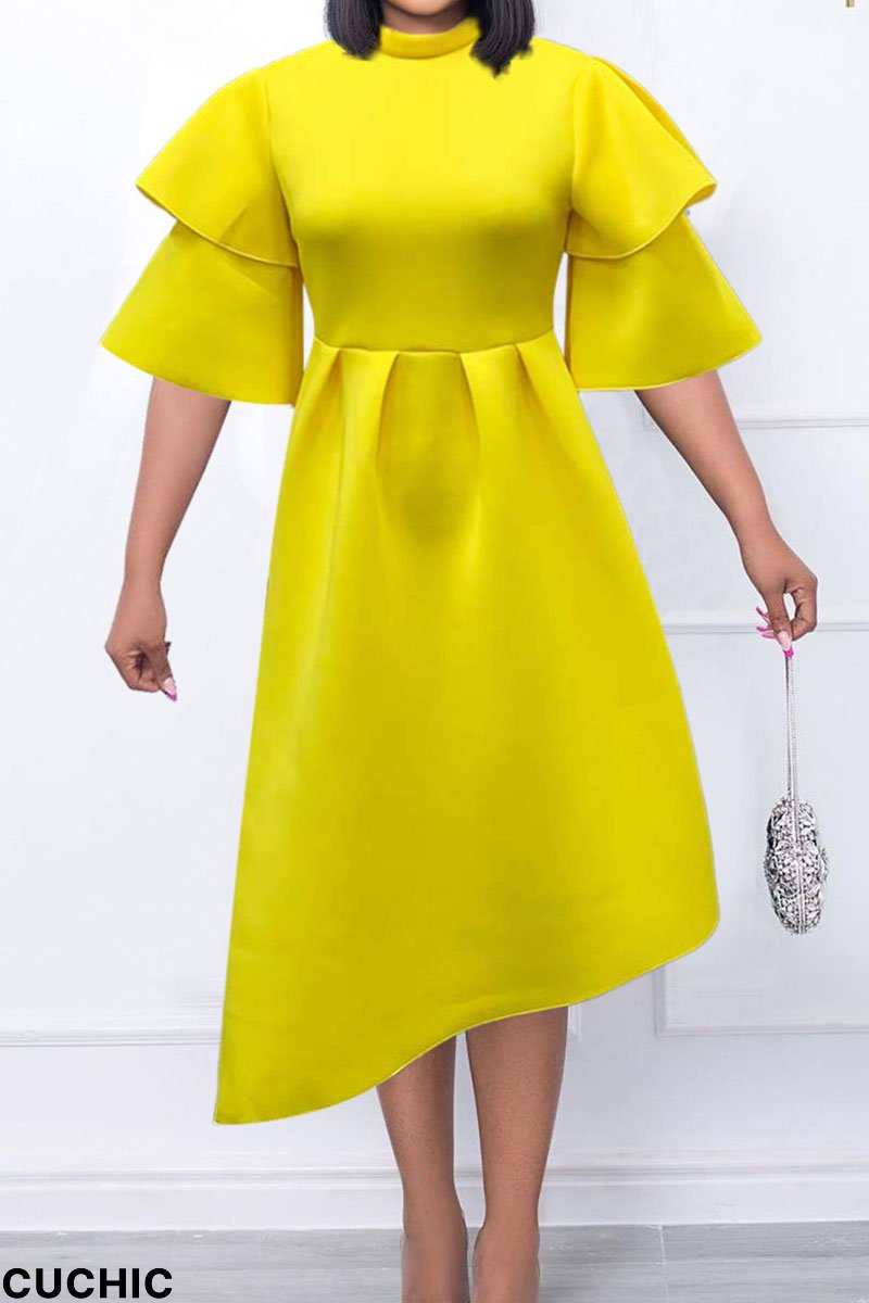Yellow Elegant Solid Patchwork Flounce O Neck Evening Dress Dresses-CuChic