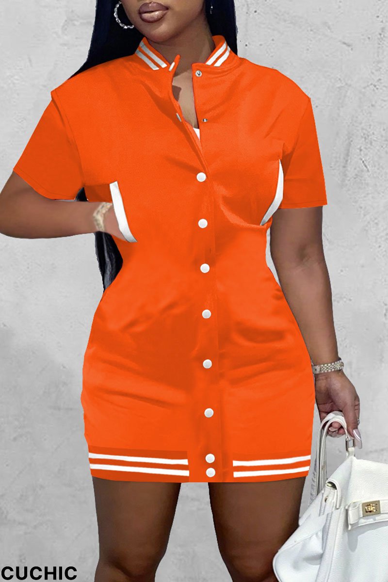 Tangerine Red Casual Solid Split Joint Pocket Buckle Dresses-CuChic