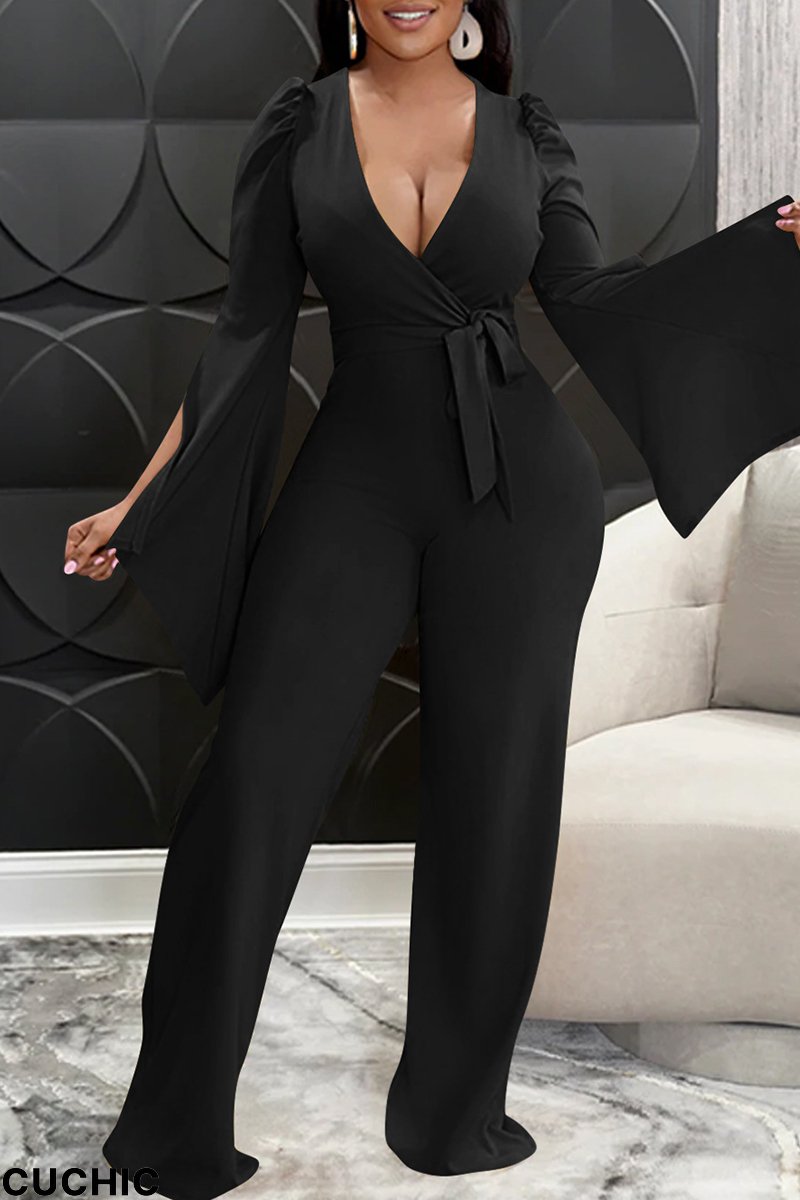 Black Fashion Casual Solid Bandage Slit V Neck Regular Jumpsuits-CuChic