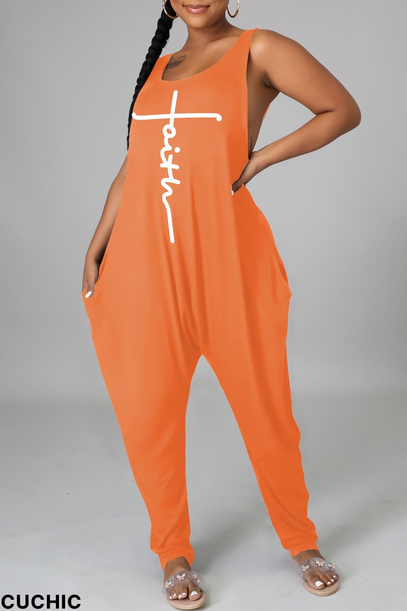 Orange Fashion Casual Print Backless O Neck Regular Jumpsuits-CuChic