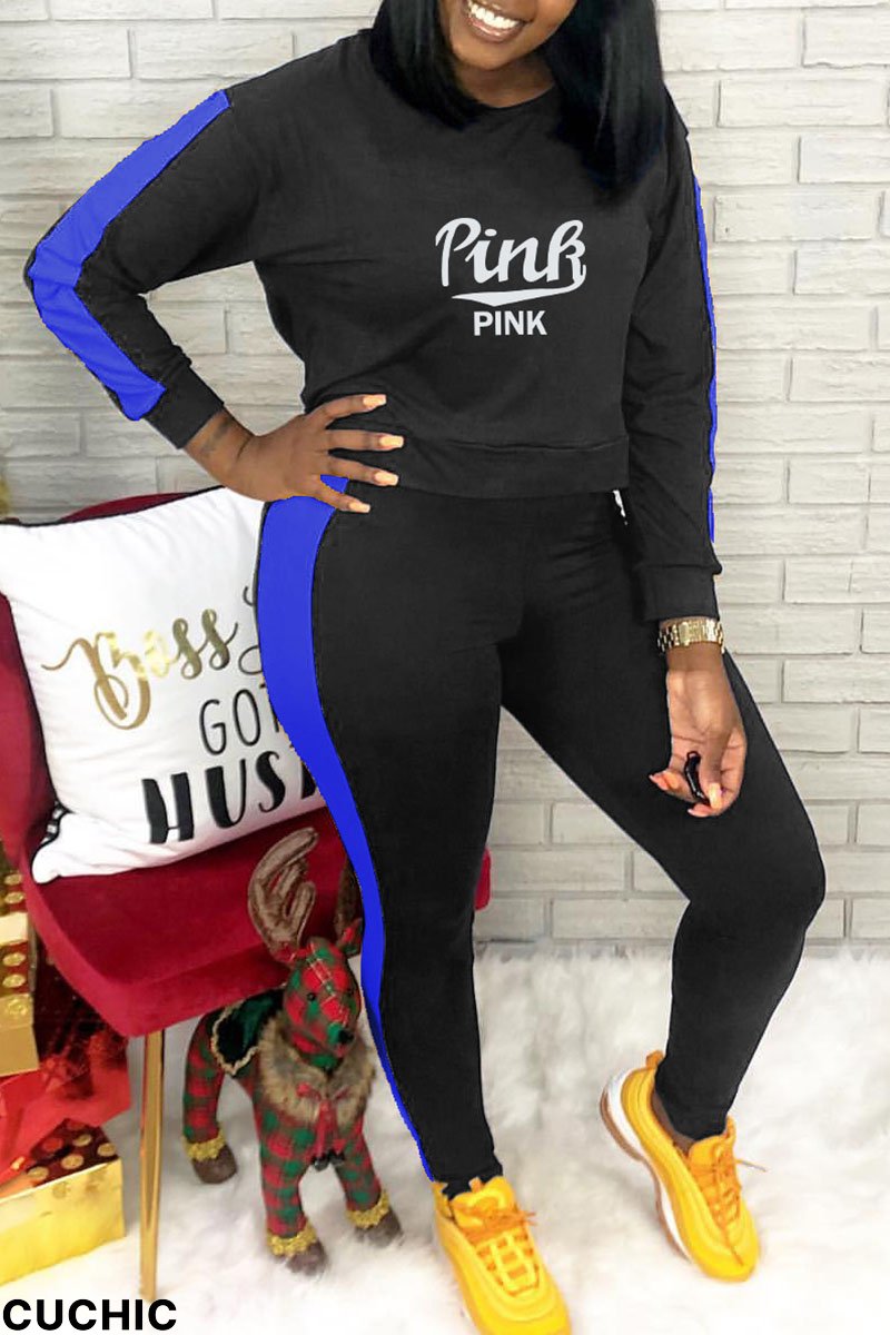 Black Casual Print Patchwork O Neck Long Sleeve Two Pieces-CuChic