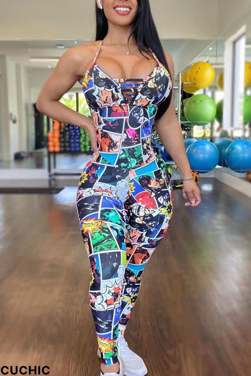 Colour Sexy Street Print Split Joint Backless Spaghetti Strap Regular Jumpsuits-CuChic