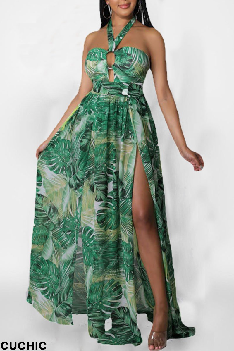 Green Elegant Vacation Print Patchwork Backless Slit Halter Straight Dresses-CuChic