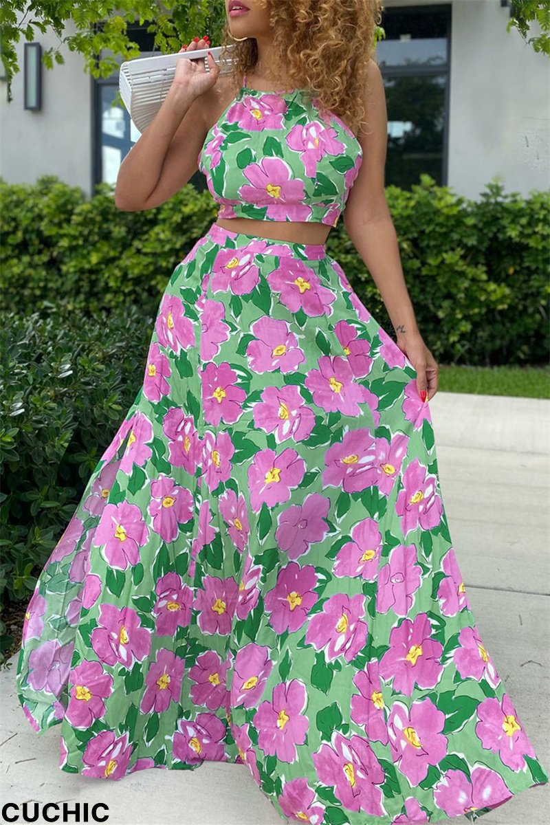 Green Fashion Sexy Print Bandage Backless O Neck Sleeveless Two Pieces-CuChic