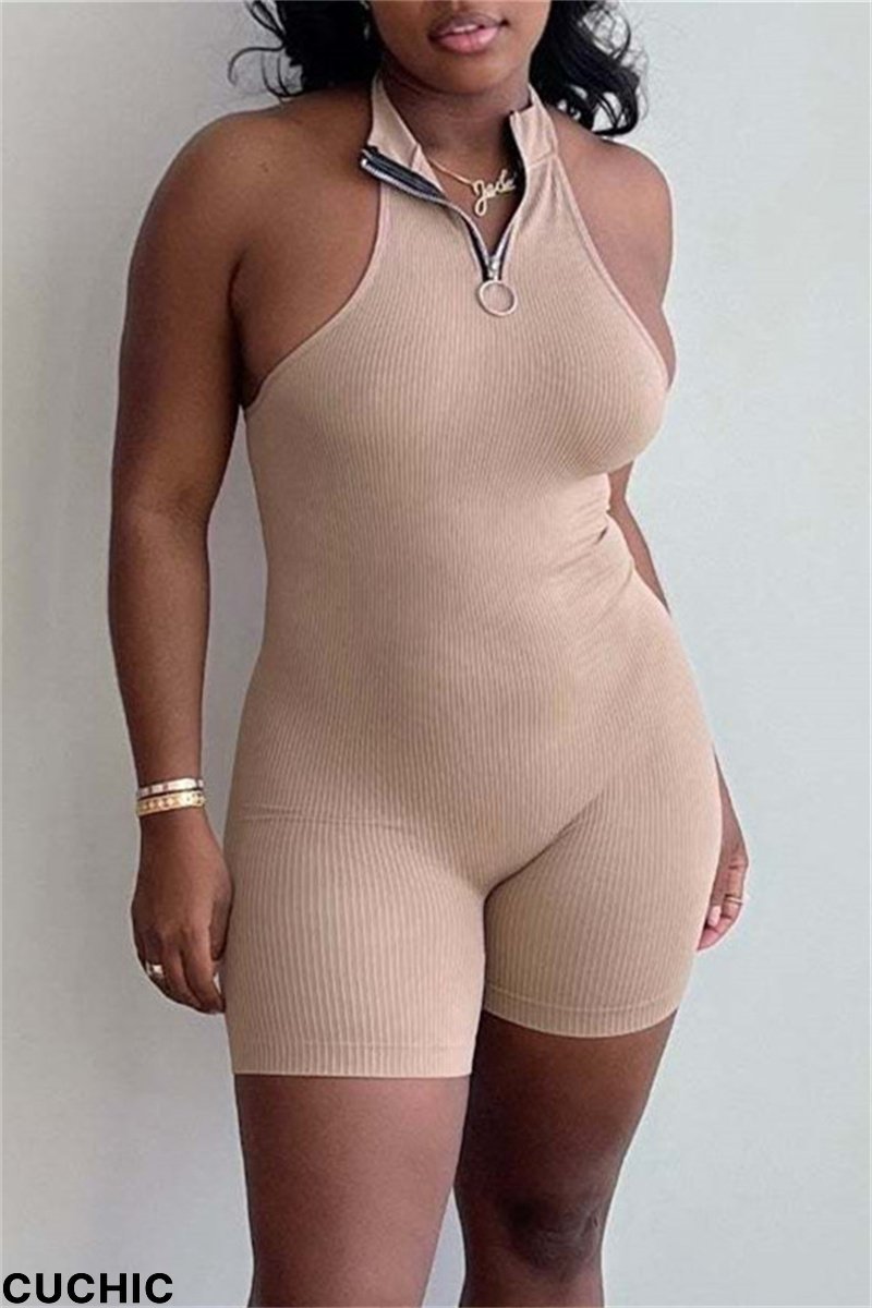 Apricot Sexy Casual Solid Backless Halter Sleeveless Skinny Romper-CuChic
