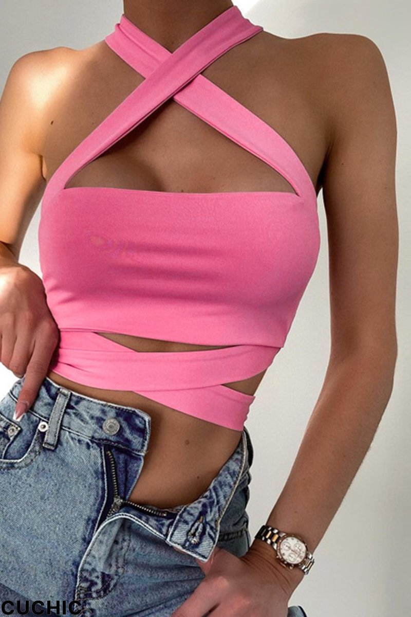 Pink Sexy Solid Split Joint Halter Tops-CuChic