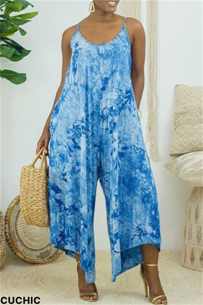 White Blue Fashion Casual Print Tie Dye Backless Spaghetti Strap Regular Jumpsuits-CuChic