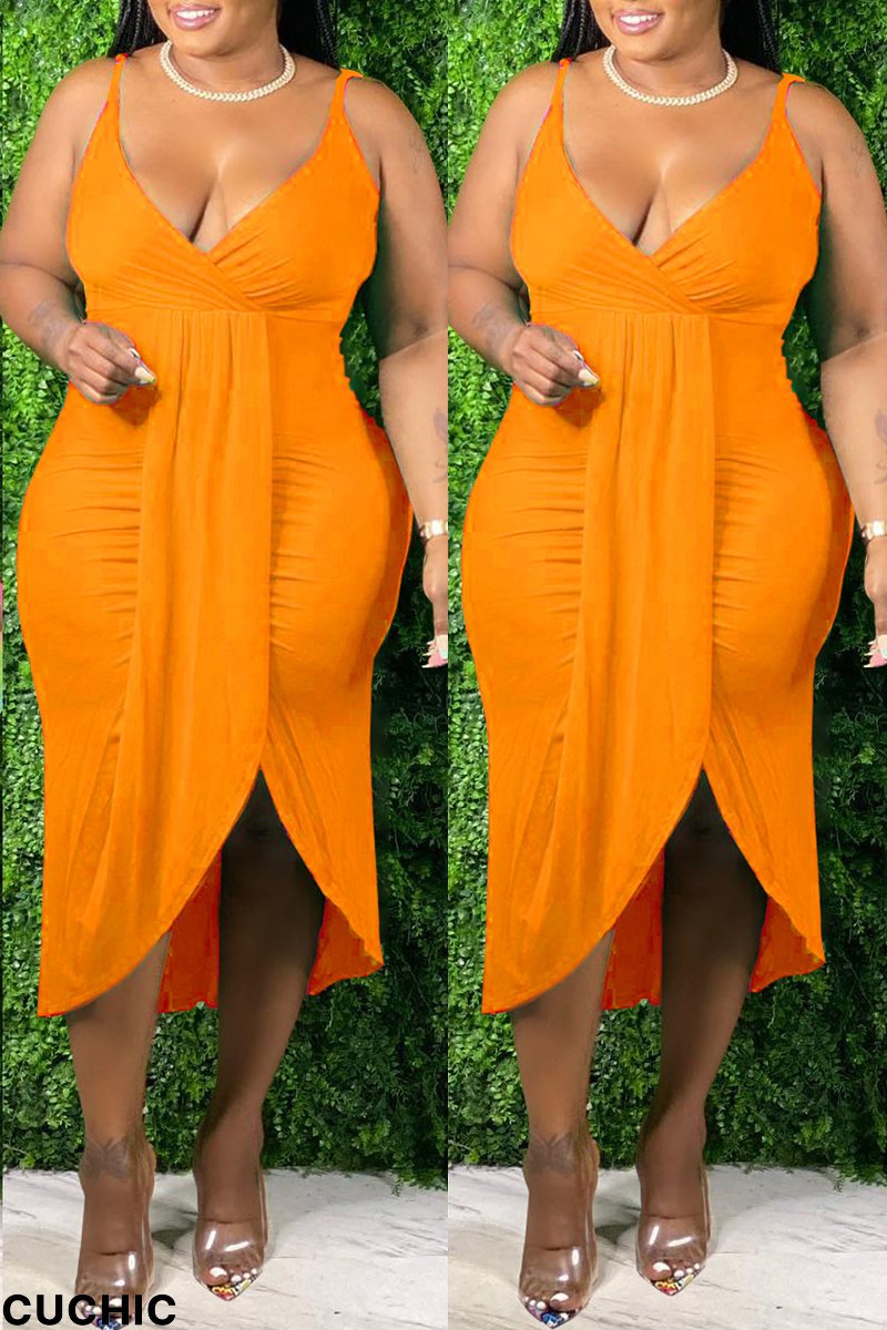 Orange Fashion Sexy Plus Size Solid Patchwork V Neck Sling Dress-CuChic