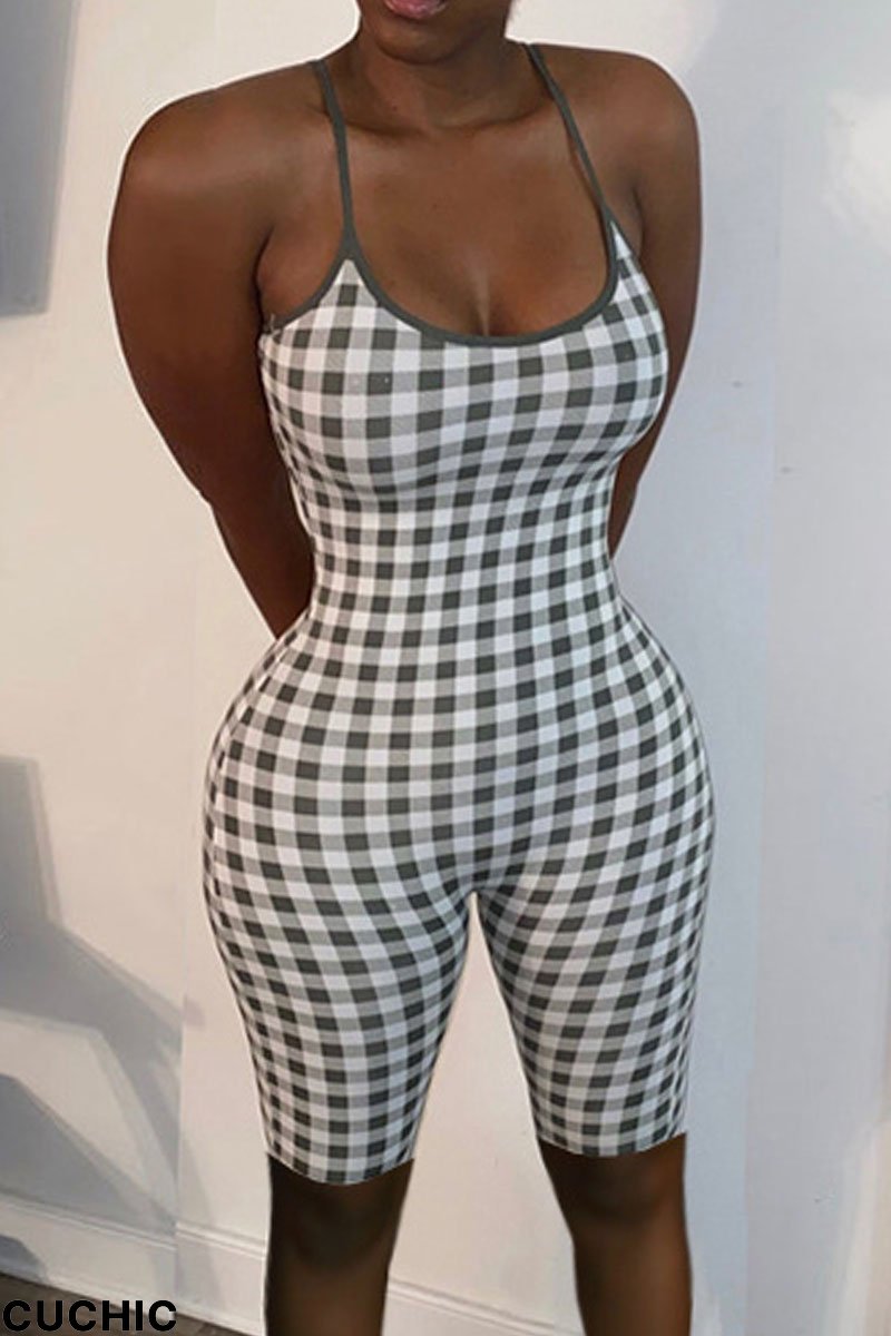 Gray Green Sexy Plaid Print Split Joint Spaghetti Strap Regular Jumpsuits-CuChic